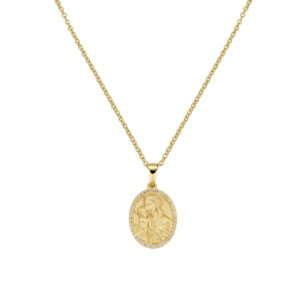 Collar con símbolo sagrado de plata de ley con circonitas blancas – acabado dorado – Longitud 40 + 5 + 5 cm · colgante 1,5 x 1 cm