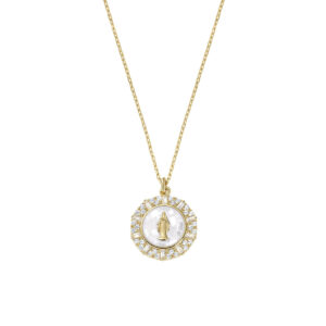 Collar de la Virgen Milagrosa de plata de ley con esmalte blanco, nácar y circonitas – acabado dorado