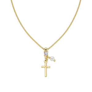 Collar con cruz de plata de ley con perla de cristal y circonitas blancas – acabado dorado