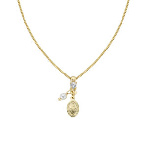 Collar de la Virgen Milagrosa de plata de ley con perla de cristal y circonitas blancas – acabado dorado