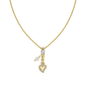 Collar del Sagrado Corazón de plata de ley con perla de cristal y circonitas blancas – acabado dorado
