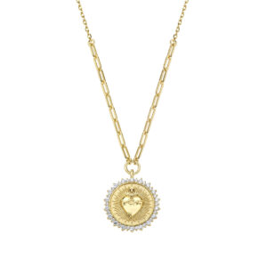 Collar del Sagrado Corazón de plata de ley con circonitas blancas – acabado dorado – Longitud 40 + 5 cm · medalla Ø 1,8 cm