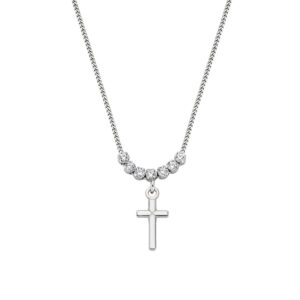 Collar con cruz de plata de ley con circonitas blancas – acabado en rodio – Longitud 38 + 5 cm · circonita Ø 2 mm · cruz 10 x 6 mm