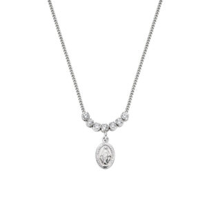Collar de la Virgen Milagrosa de plata de ley con circonitas blancas – acabado en rodio – Longitud 38 + 5 cm · circonita Ø 2 mm · Virgen Milagrosa 8 x 5 mm
