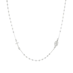 Rosario clásico de plata de ley – acabado en rodio – Longitud 50 + 2 cm · cuentas Ø 2 mm