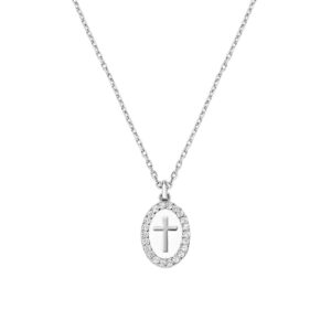 Collar con cruz de latón con esmalte blanco y circonitas – acabado en rodio