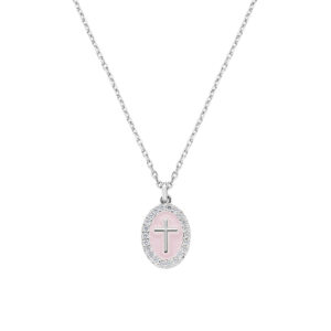 Collar con cruz de latón con esmalte rosa y circonitas blancas – acabado en rodio