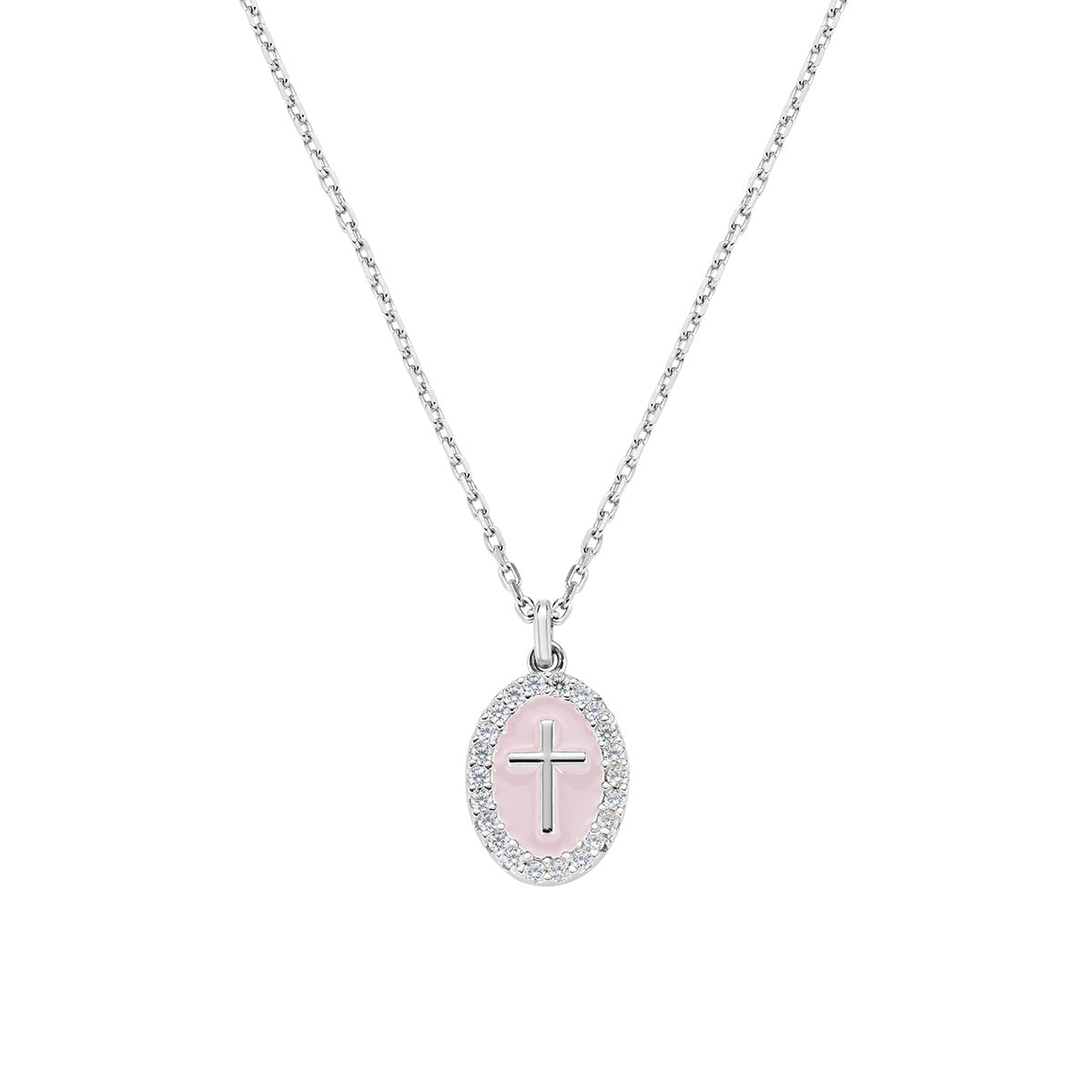 Collar con cruz de latón con esmalte rosa y circonitas blancas – acabado en rodio