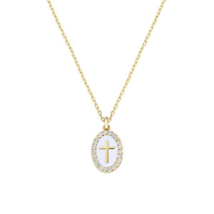 Collar con cruz de latón con esmalte blanco y circonitas – chapado en oro de 18 quilates