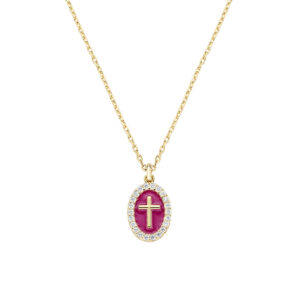 Collar con cruz de latón con esmalte burdeos y circonitas blancas – chapado en oro de 18 quilates