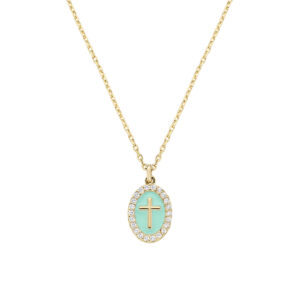 Collar con cruz de latón con esmalte verde mar y circonitas blancas – chapado en oro de 18 quilates