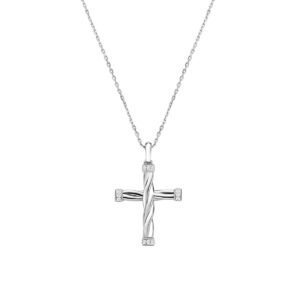Collar con cruz de latón con circonitas blancas – acabado en rodio