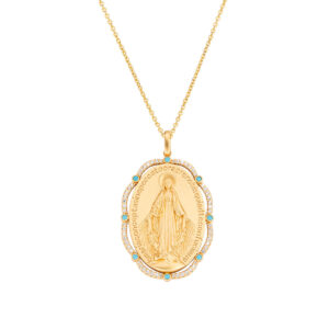 Collar de la Virgen Milagrosa de latón con circonitas turquesas y blancas – chapado en oro de 18 quilates