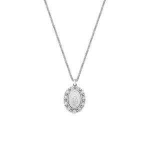 Collar de la Virgen Milagrosa de latón con circonitas blancas – acabado en rodio – Longitud 40 + 5 cm · colgante 1,4 x 1,8 cm – OTCLMIGIBBZ