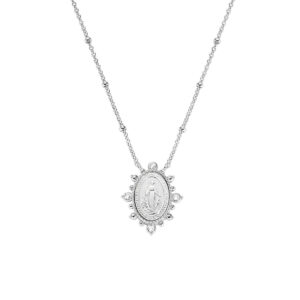 Collar de la Virgen Milagrosa de latón con circonitas blancas – acabado en rodio – Longitud 40 + 5 cm · colgante 1,4 x 1,8 cm – OTCLMIRABBZ