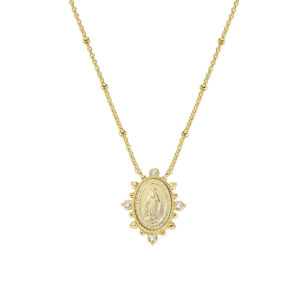 Collar de la Virgen Milagrosa de latón con circonitas blancas – chapado en oro de 18 quilates – Longitud 40 + 5 cm · colgante 1,4 x 1,8 cm – OTCLMIRAGBZ