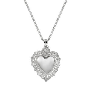 Collar del Sagrado Corazón de latón – acabado en rodio – Longitud 75 + 5 cm · colgante 6,5 x 4,5 cm