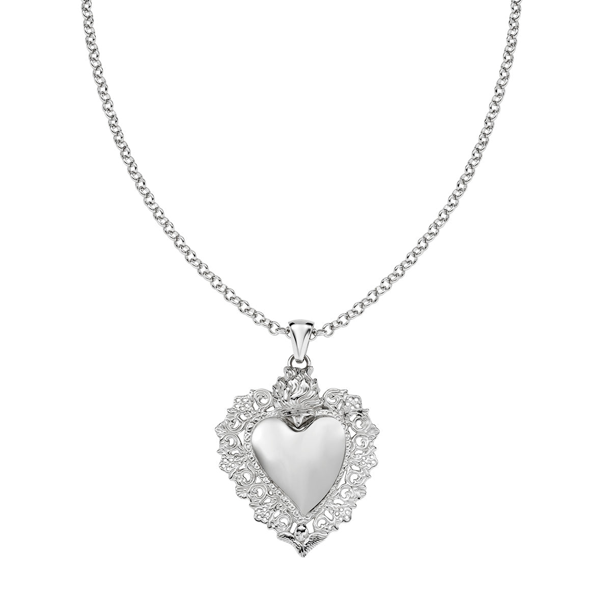 Collar del Sagrado Corazón de latón – acabado en rodio – Longitud 45 + 5 cm · colgante 4 x 3 cm