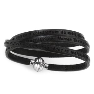 Pulsera Padre Nuestro de cuero y acero inoxidable – acabado negro – PNLA02