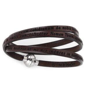 Pulsera Padre Nuestro de cuero y acero inoxidable – acabado marrón – PNLA05
